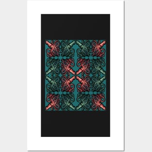 Red and Green Giant Squid Architeuthis pattern on teal Posters and Art